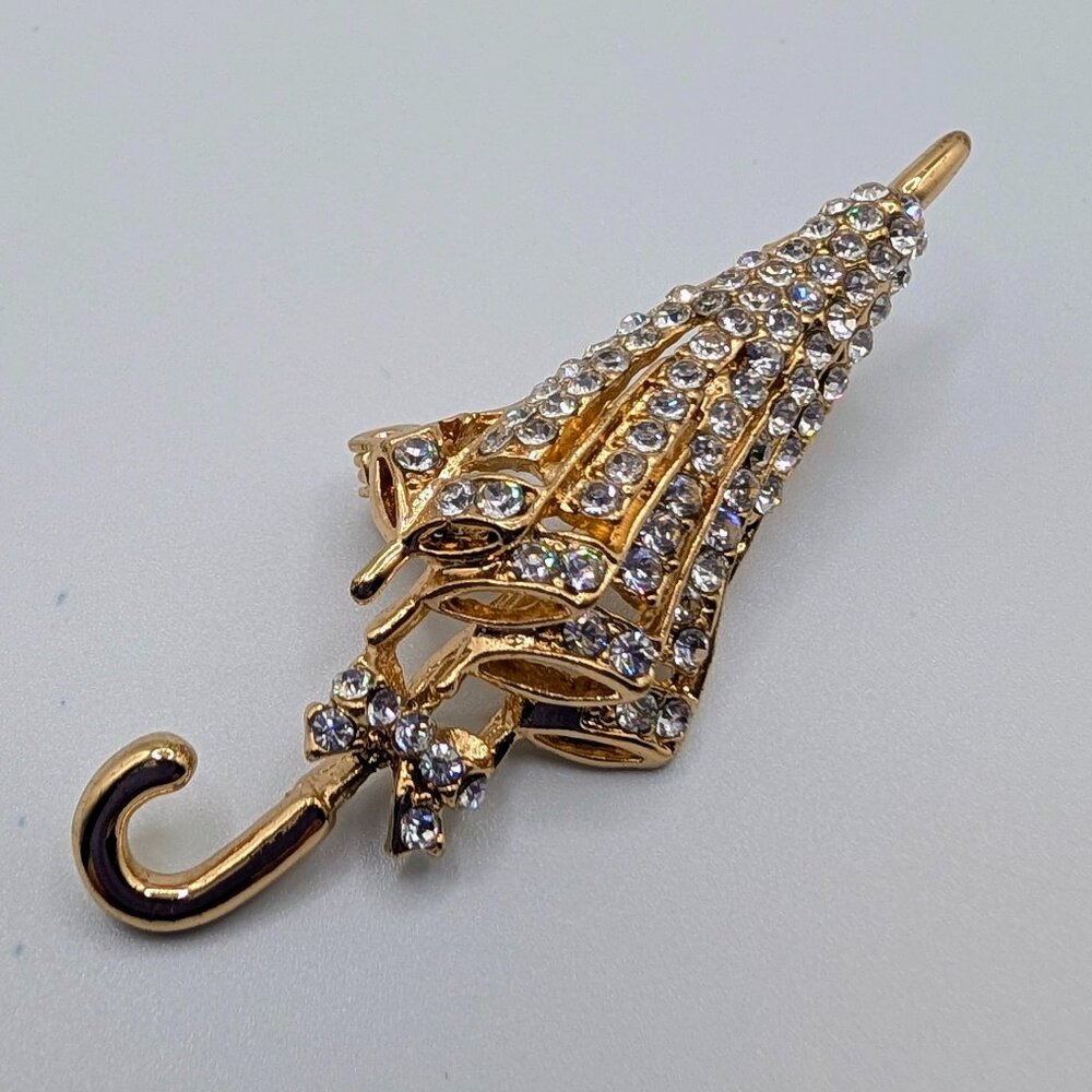 Umbrella Brooch - Gold-Tone - Crystal Rhinestones - Vintage